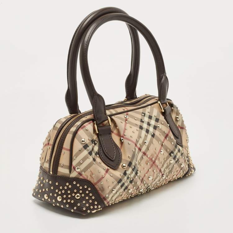 Pre Owned Burberry Beige/Brown Haymarket Check PVC and Leather Studded Satchel