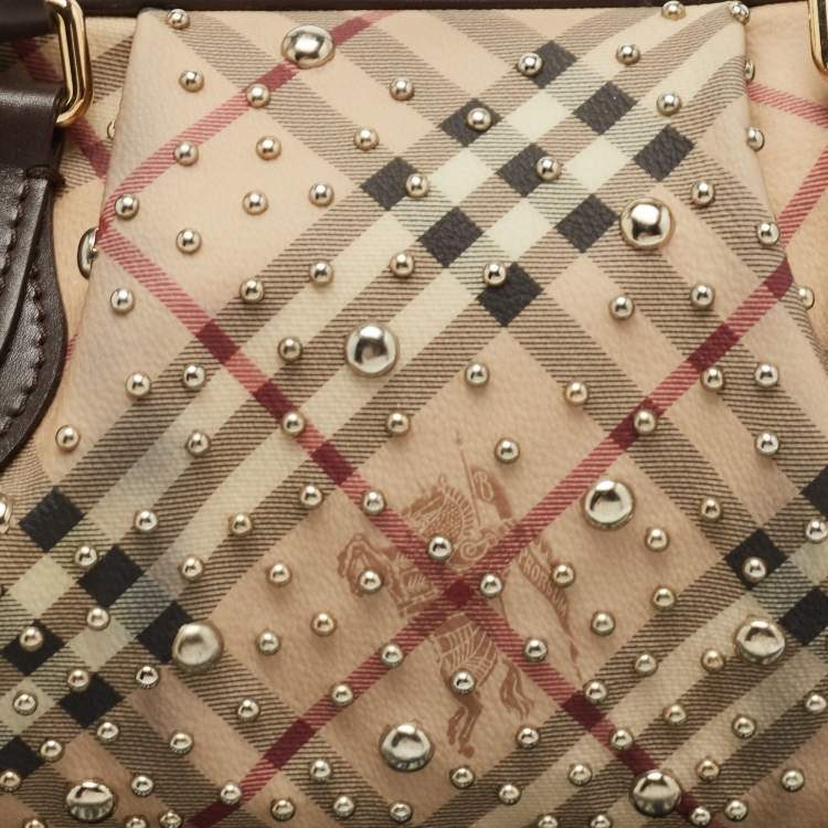 Pre Owned Burberry Beige/Brown Haymarket Check PVC and Leather Studded Satchel
