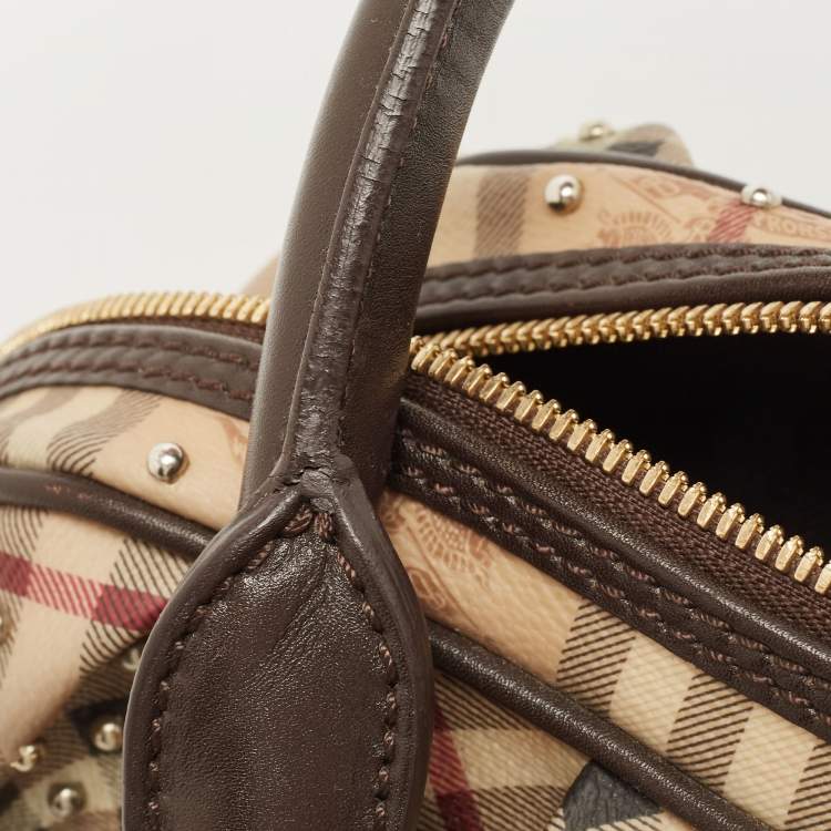 Pre Owned Burberry Beige/Brown Haymarket Check PVC and Leather Studded Satchel