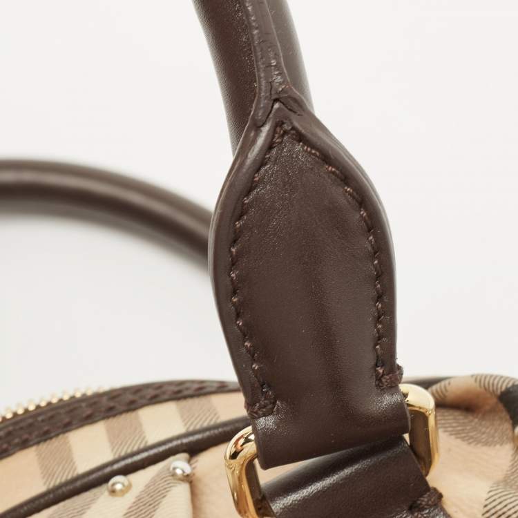Pre Owned Burberry Beige/Brown Haymarket Check PVC and Leather Studded Satchel
