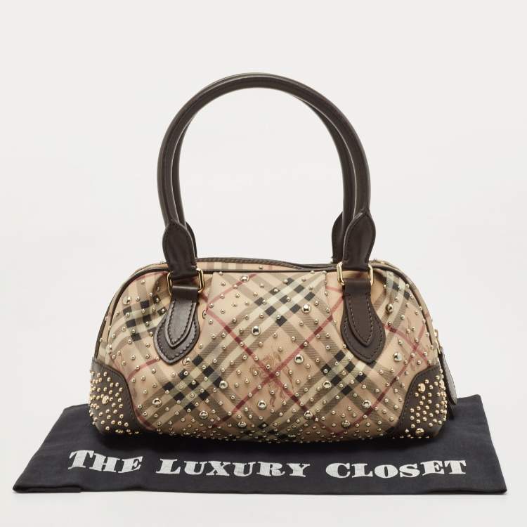 Pre Owned Burberry Beige/Brown Haymarket Check PVC and Leather Studded Satchel