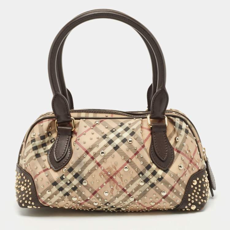 Pre Owned Burberry Beige/Brown Haymarket Check PVC and Leather Studded Satchel