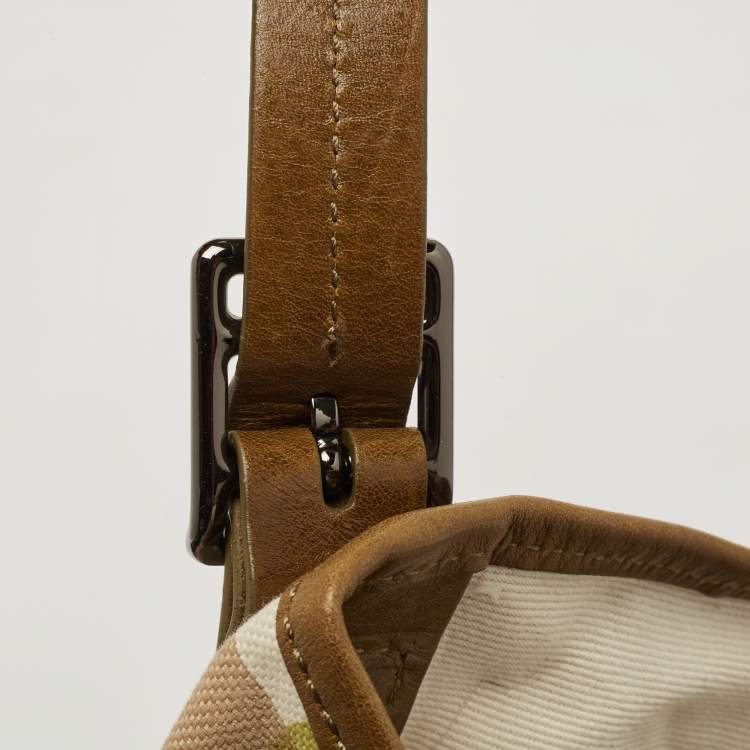 Pre Owned Burberry Green/White Check Canvas And Leather Tote
