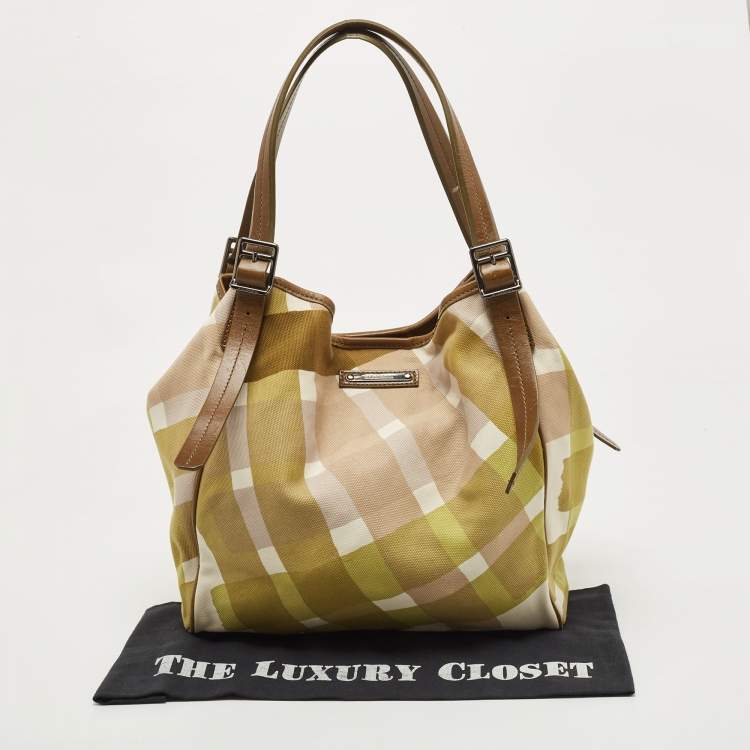 Pre Owned Burberry Green/White Check Canvas And Leather Tote