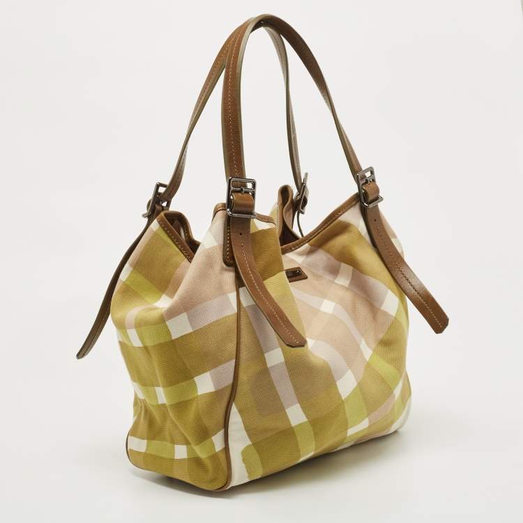 Pre Owned Burberry Green/White Check Canvas And Leather Tote