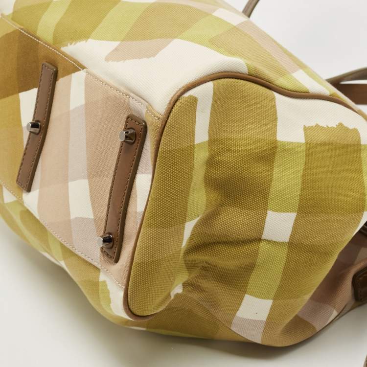 Pre Owned Burberry Green/White Check Canvas And Leather Tote