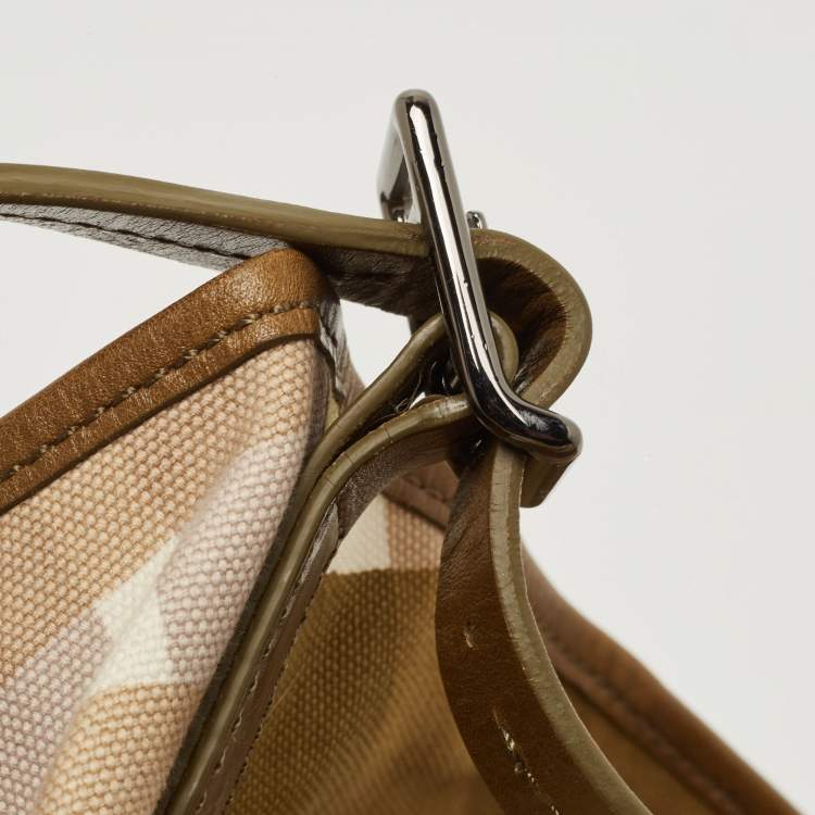Pre Owned Burberry Green/White Check Canvas And Leather Tote