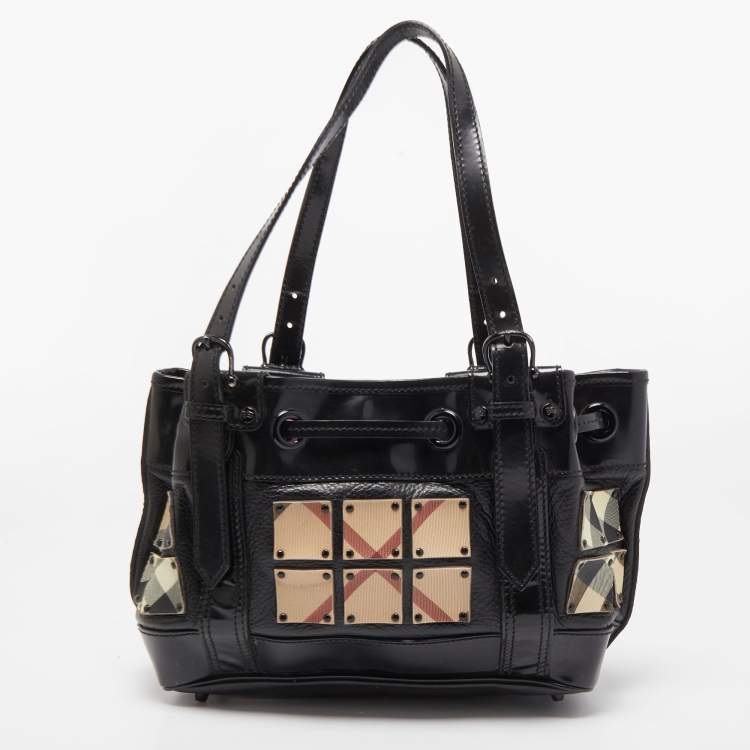 Pre Owned Burberry Black Nova Check Canvas and Leather Studded Warrior Armor Hobo