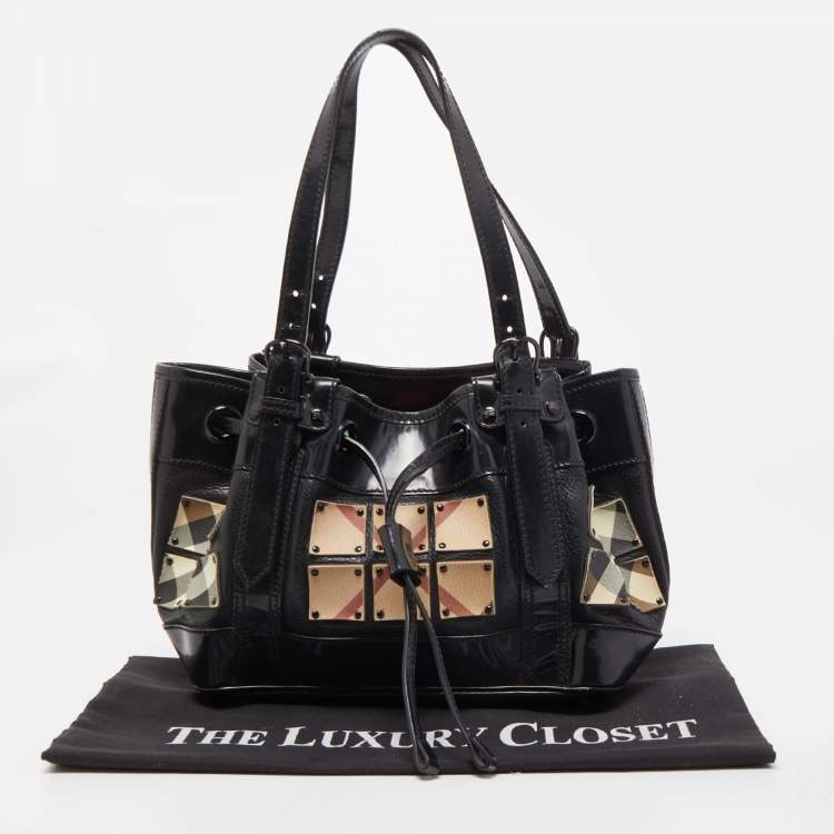 Pre Owned Burberry Black Nova Check Canvas and Leather Studded Warrior Armor Hobo