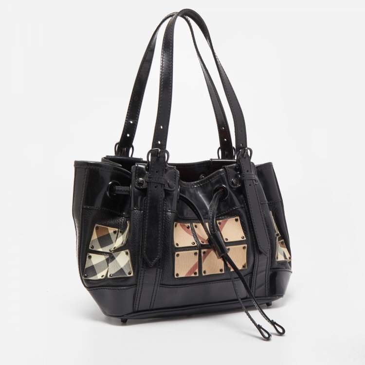 Pre Owned Burberry Black Nova Check Canvas and Leather Studded Warrior Armor Hobo