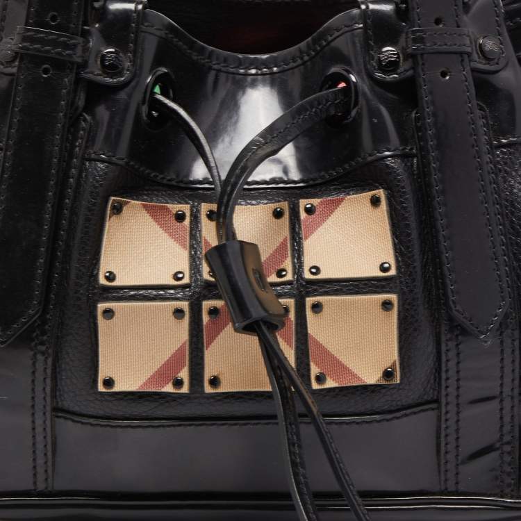 Pre Owned Burberry Black Nova Check Canvas and Leather Studded Warrior Armor Hobo
