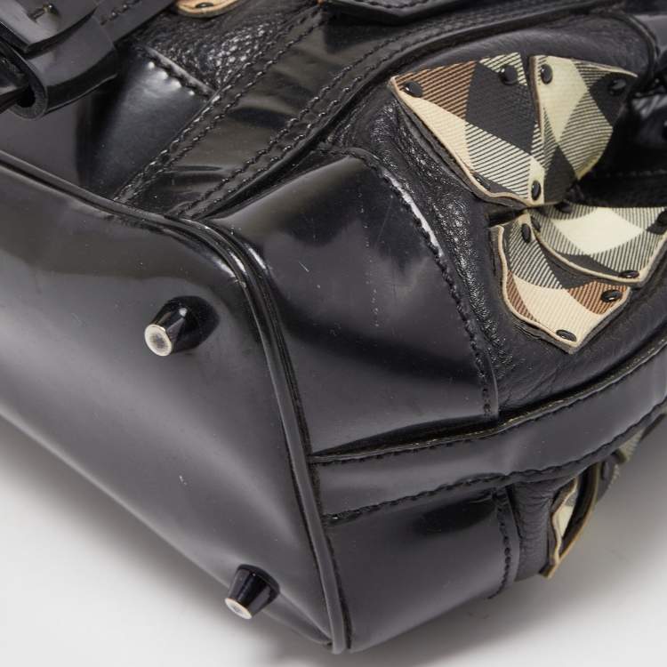Pre Owned Burberry Black Nova Check Canvas and Leather Studded Warrior Armor Hobo