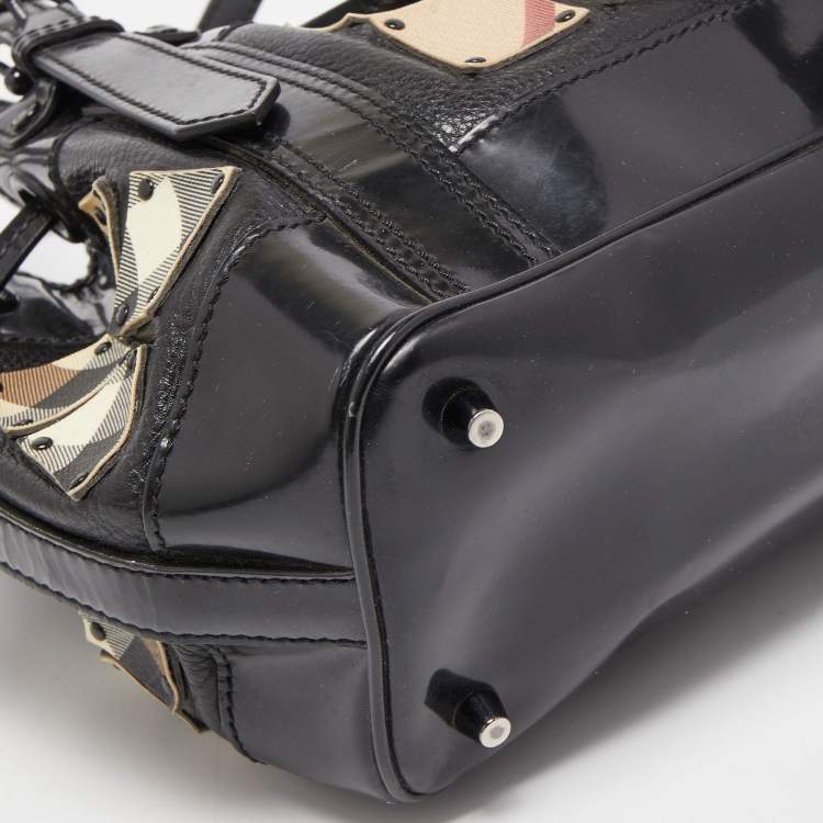 Pre Owned Burberry Black Nova Check Canvas and Leather Studded Warrior Armor Hobo