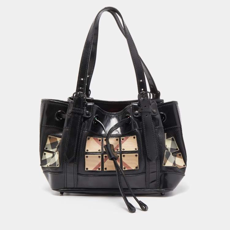 Pre Owned Burberry Black Nova Check Canvas and Leather Studded Warrior Armor Hobo