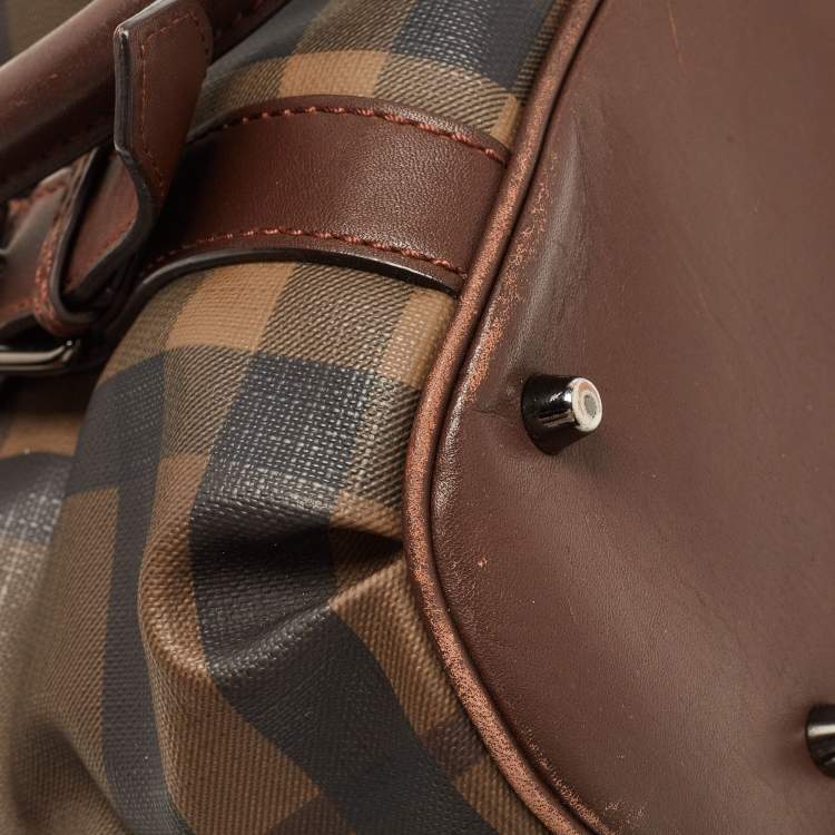 Pre Owned Burberry Dark Brown Smoke Check PVC Small Northfield Tote