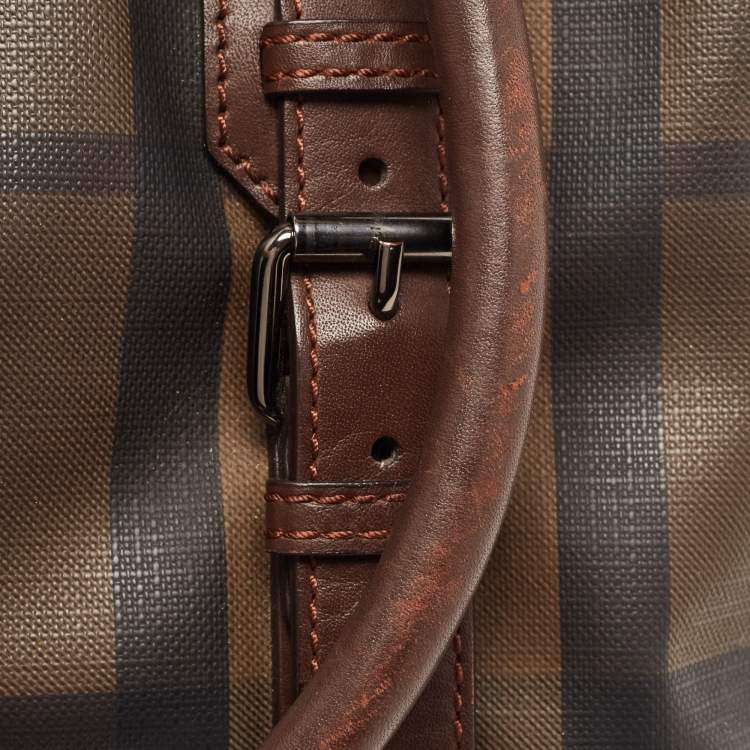 Pre Owned Burberry Dark Brown Smoke Check PVC Small Northfield Tote