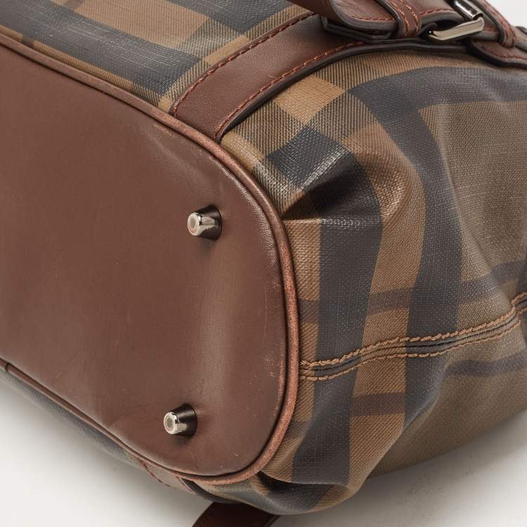 Pre Owned Burberry Dark Brown Smoke Check PVC Small Northfield Tote