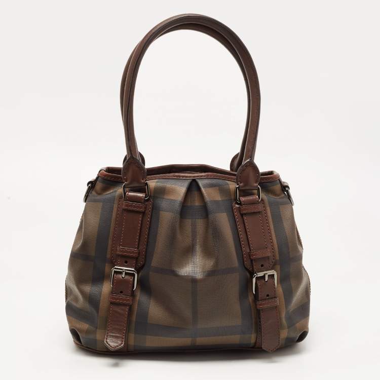 Pre Owned Burberry Dark Brown Smoke Check PVC Small Northfield Tote