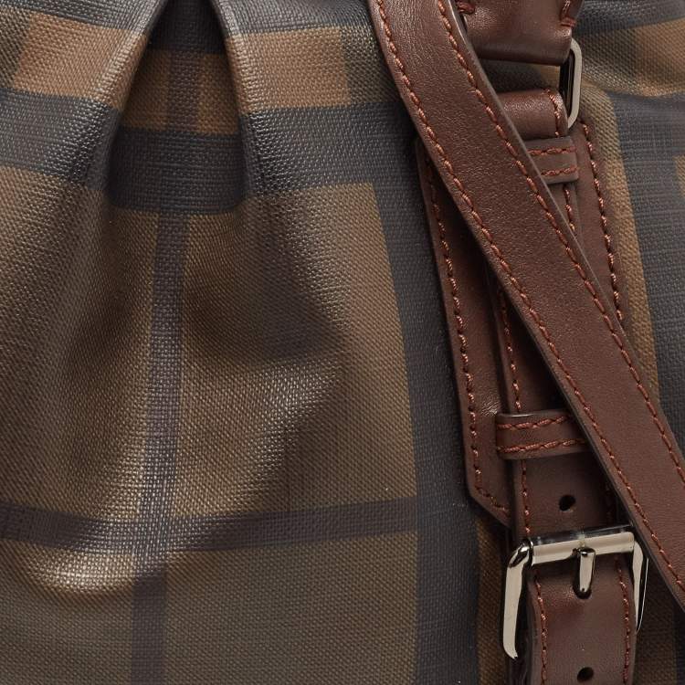 Pre Owned Burberry Dark Brown Smoke Check PVC Small Northfield Tote