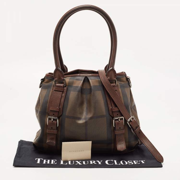 Pre Owned Burberry Dark Brown Smoke Check PVC Small Northfield Tote