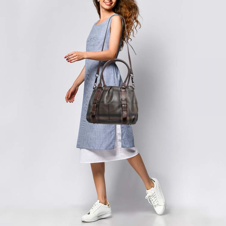 Pre Owned Burberry Dark Brown Smoke Check PVC Small Northfield Tote