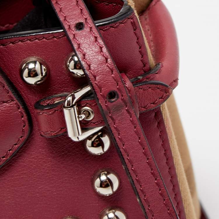 Pre Owned Burberry Burgundy/Beige Leather and House Check Fabric Mini Banner Tote