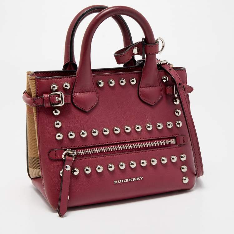 Pre Owned Burberry Burgundy/Beige Leather and House Check Fabric Mini Banner Tote