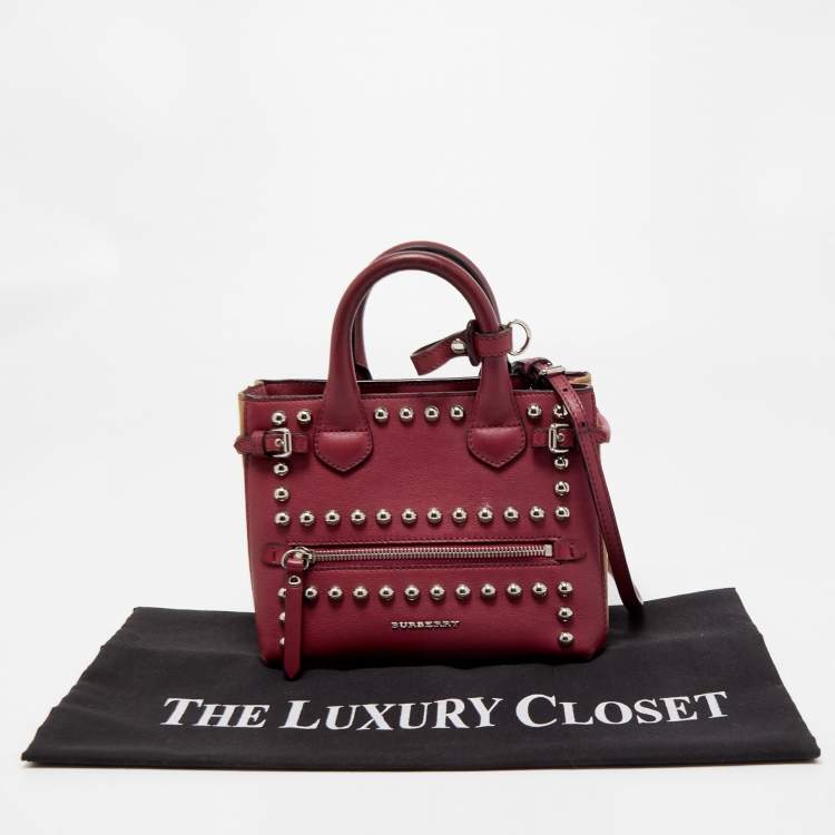 Pre Owned Burberry Burgundy/Beige Leather and House Check Fabric Mini Banner Tote