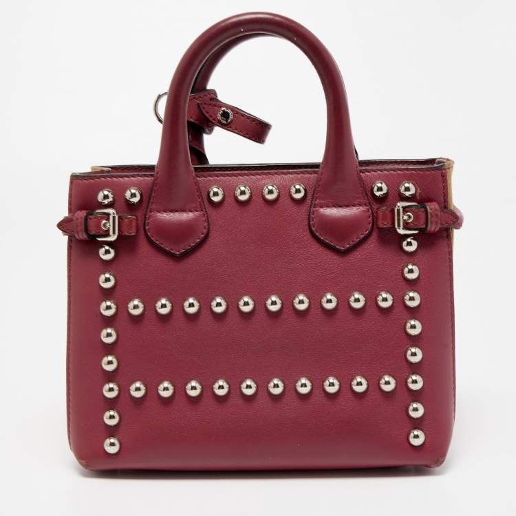Pre Owned Burberry Burgundy/Beige Leather and House Check Fabric Mini Banner Tote