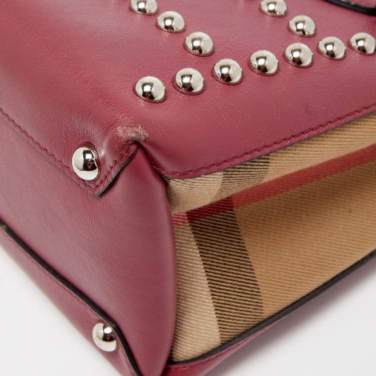 Pre Owned Burberry Burgundy/Beige Leather and House Check Fabric Mini Banner Tote