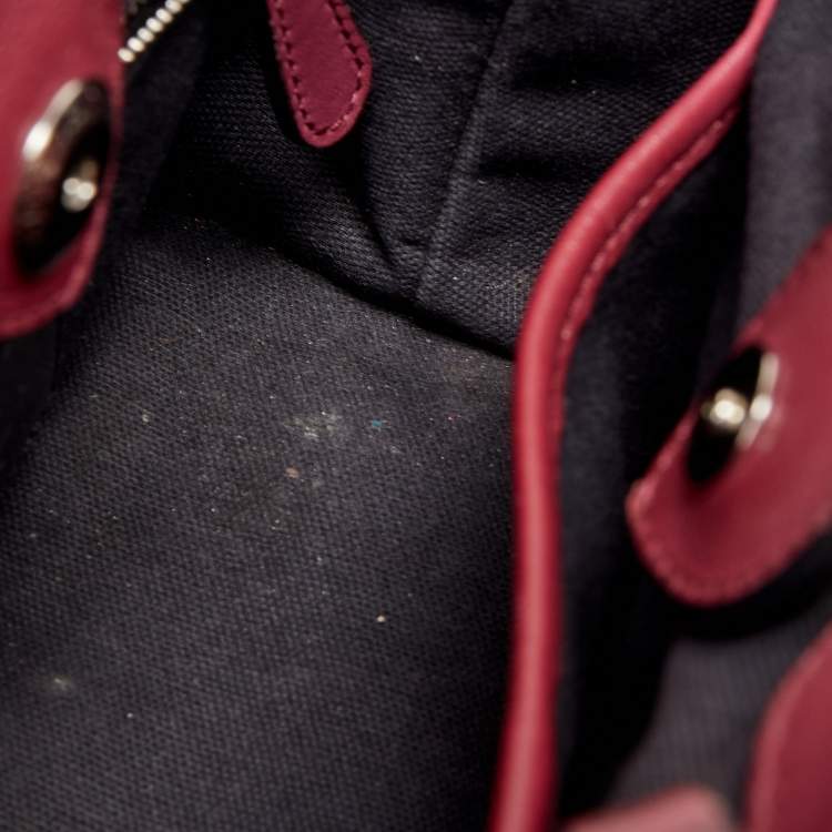 Pre Owned Burberry Burgundy/Beige Leather and House Check Fabric Mini Banner Tote