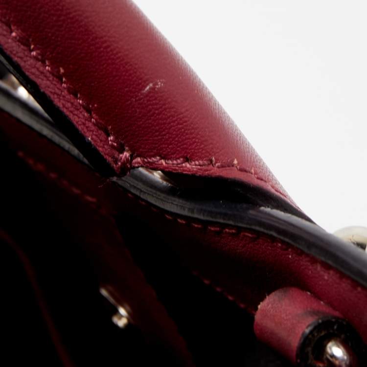 Pre Owned Burberry Burgundy/Beige Leather and House Check Fabric Mini Banner Tote