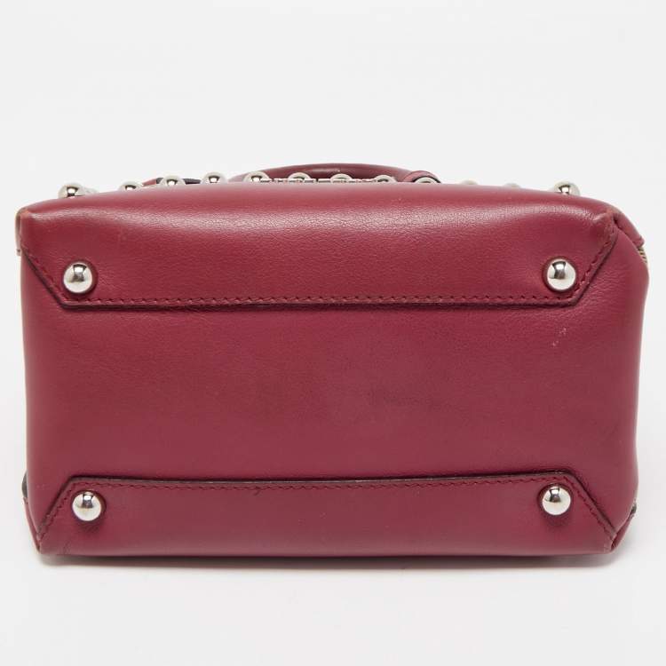 Pre Owned Burberry Burgundy/Beige Leather and House Check Fabric Mini Banner Tote