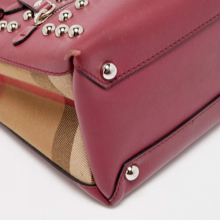 Pre Owned Burberry Burgundy/Beige Leather and House Check Fabric Mini Banner Tote
