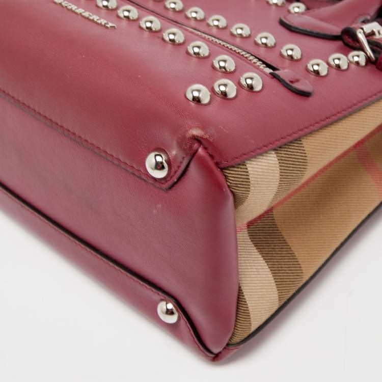 Pre Owned Burberry Burgundy/Beige Leather and House Check Fabric Mini Banner Tote