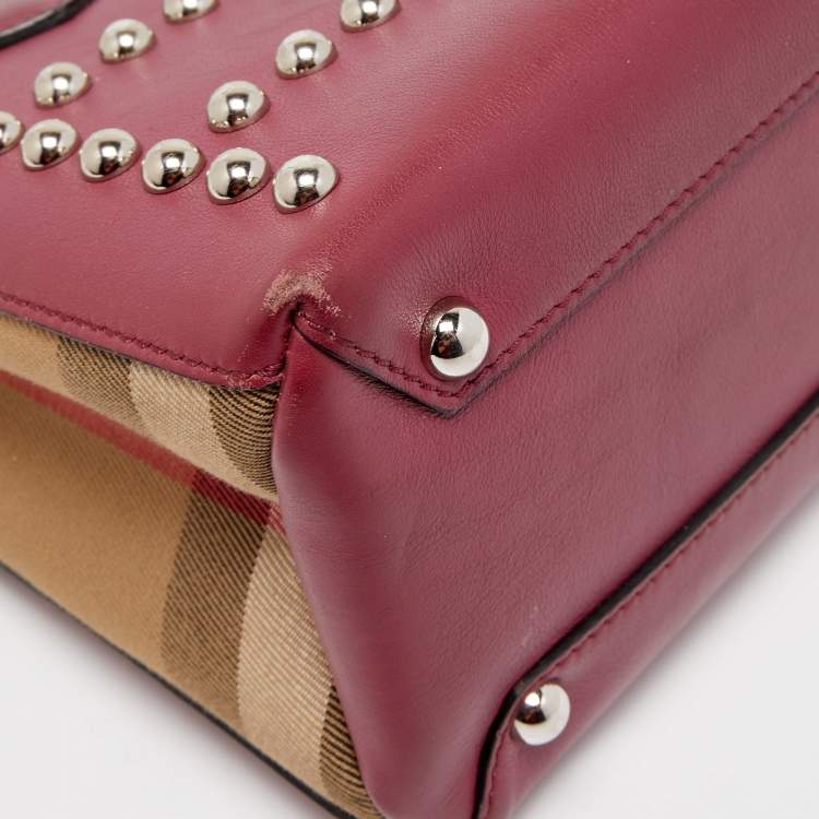 Pre Owned Burberry Burgundy/Beige Leather and House Check Fabric Mini Banner Tote