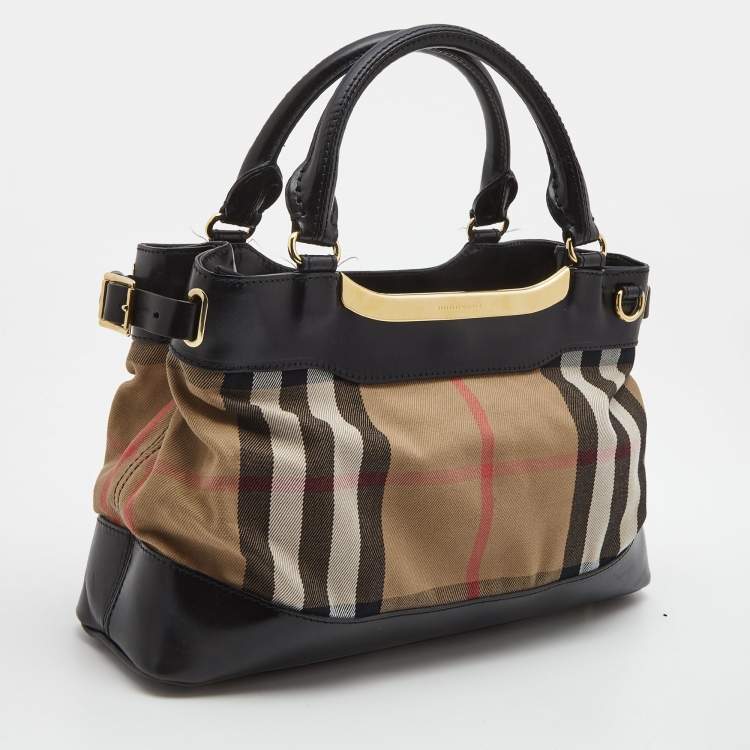 Pre Owned Burberry Black House Check Canvas and Leather Bridle Hepburn Tote
