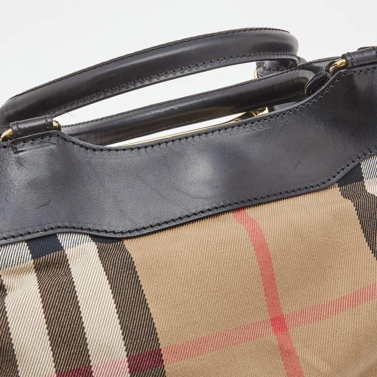Pre Owned Burberry Black House Check Canvas and Leather Bridle Hepburn Tote