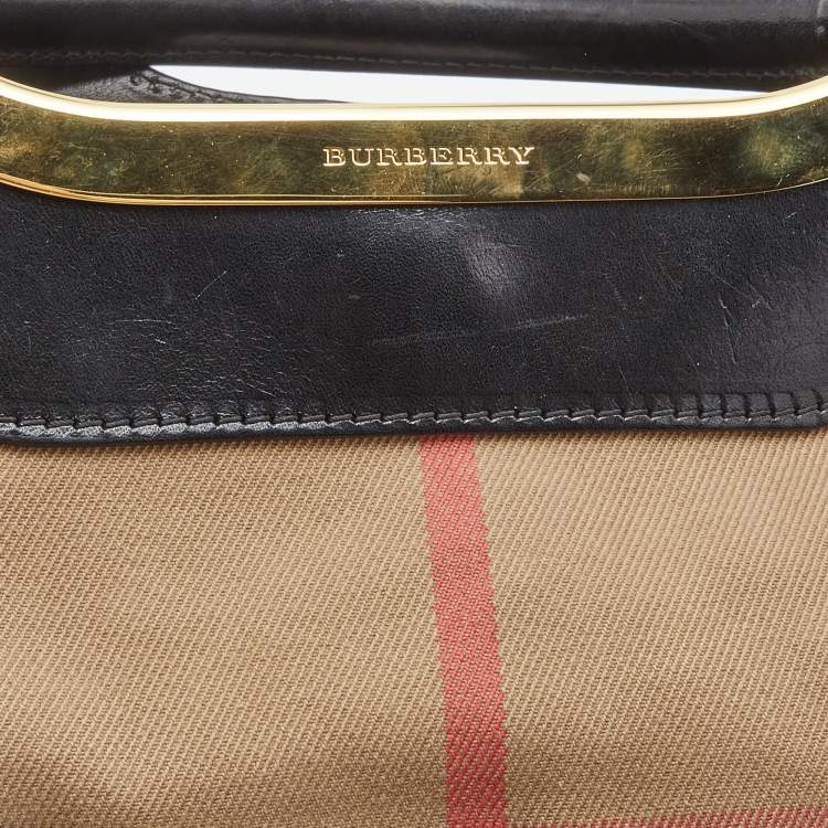 Pre Owned Burberry Black House Check Canvas and Leather Bridle Hepburn Tote