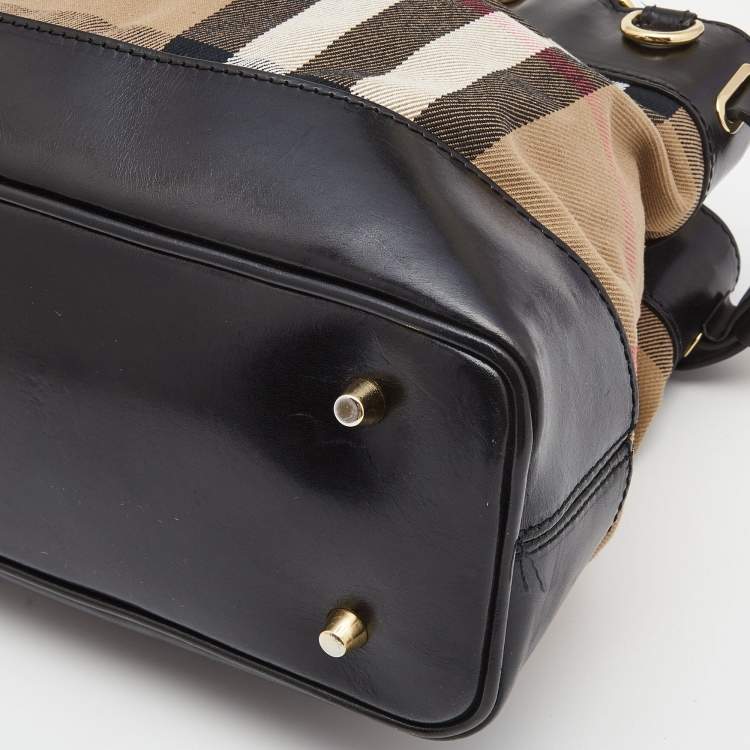 Pre Owned Burberry Black House Check Canvas and Leather Bridle Hepburn Tote