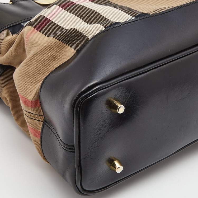 Pre Owned Burberry Black House Check Canvas and Leather Bridle Hepburn Tote