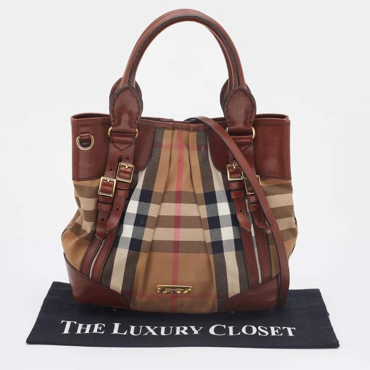 Pre Owned Burberry Brown House Check Canvas and Leather Bridle Whipstitch Tote