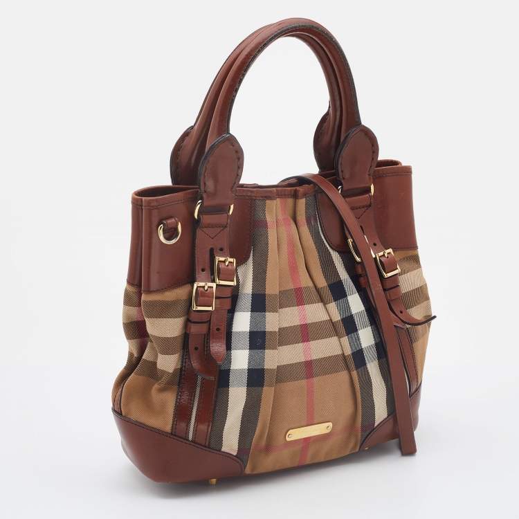 Pre Owned Burberry Brown House Check Canvas and Leather Bridle Whipstitch Tote