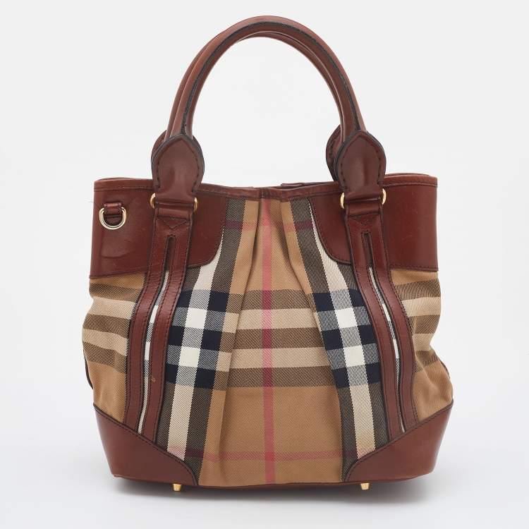 Pre Owned Burberry Brown House Check Canvas and Leather Bridle Whipstitch Tote