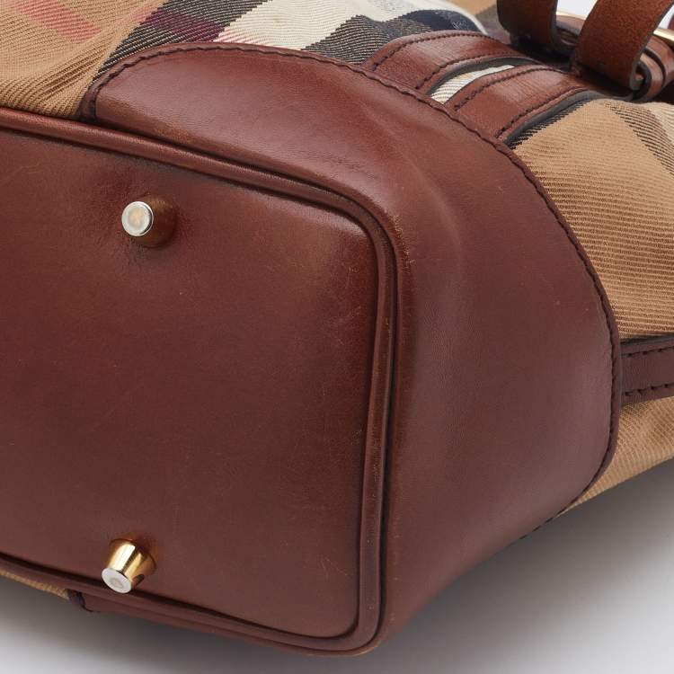 Pre Owned Burberry Brown House Check Canvas and Leather Bridle Whipstitch Tote