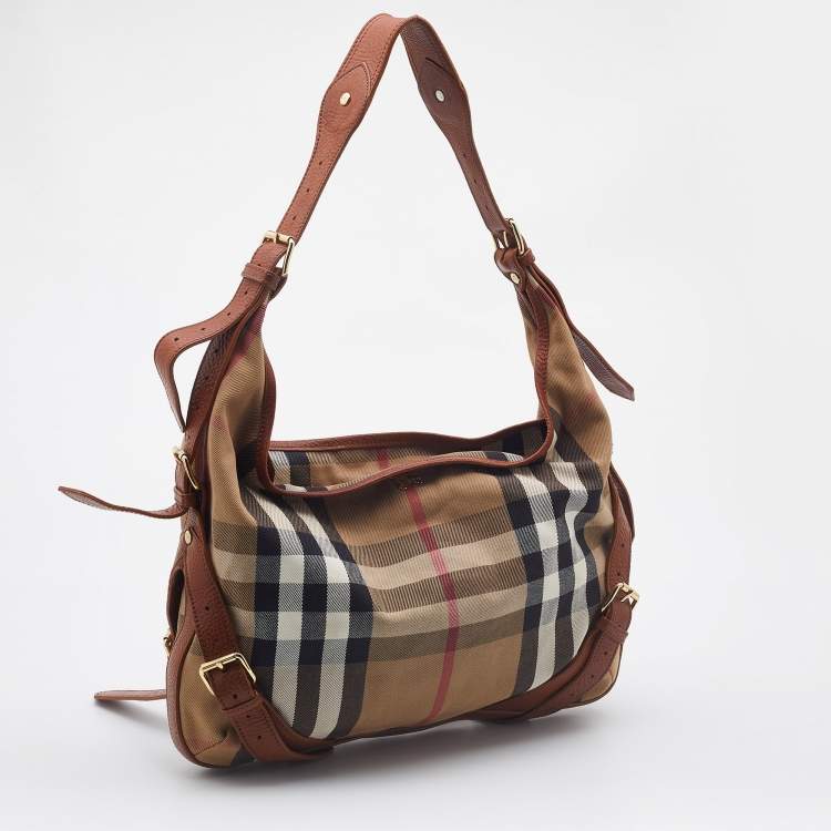 Pre Owned Burberry Beige/Brown House Check Canvas and Leather Hobo