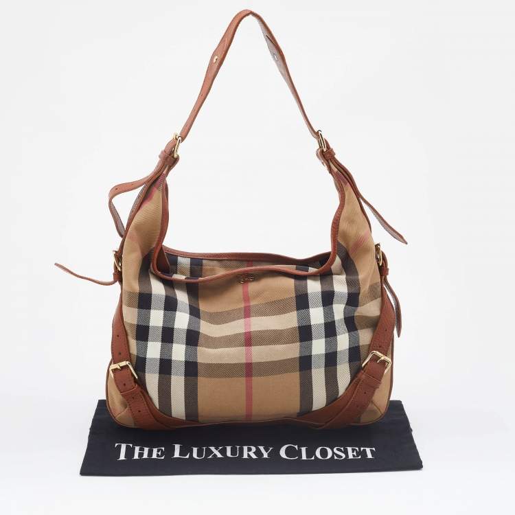 Pre Owned Burberry Beige/Brown House Check Canvas and Leather Hobo