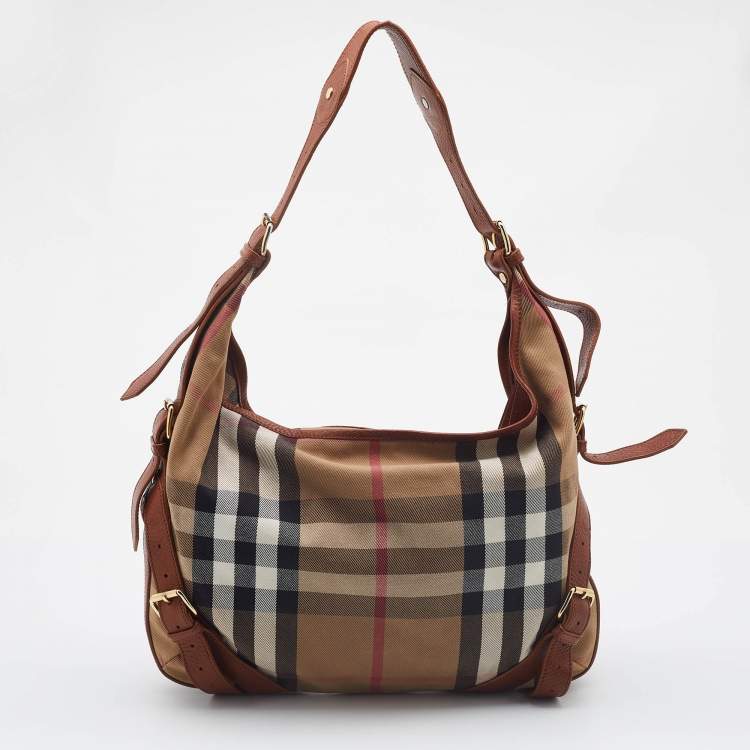 Pre Owned Burberry Beige/Brown House Check Canvas and Leather Hobo
