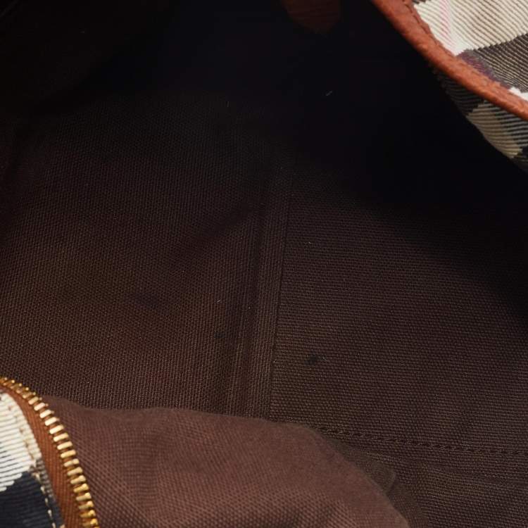 Pre Owned Burberry Beige/Brown House Check Canvas and Leather Hobo