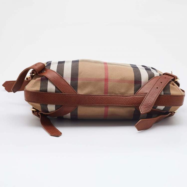 Pre Owned Burberry Beige/Brown House Check Canvas and Leather Hobo
